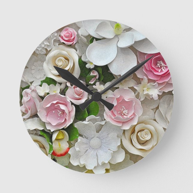 Pink and white floral print round clock (Front)
