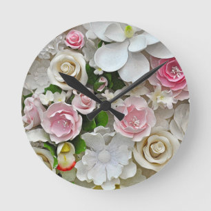 Pink and white floral print round clock
