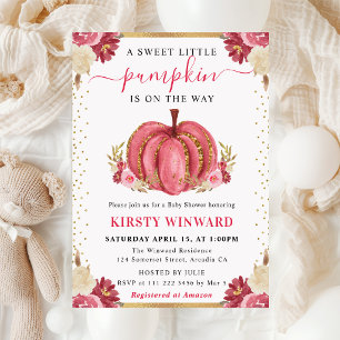 Pink and White Floral Pumpkin Fall Baby Shower Invitation