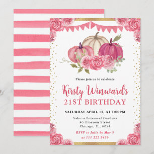 Pink and White Floral Pumpkins Fall 21st Birthday Invitation