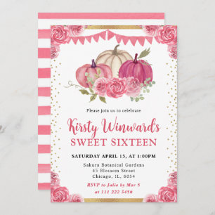 Pink and White Floral Pumpkins Fall Sweet 16 Invitation