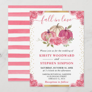 Pink and White Floral Pumpkins Fall Wedding Invitation