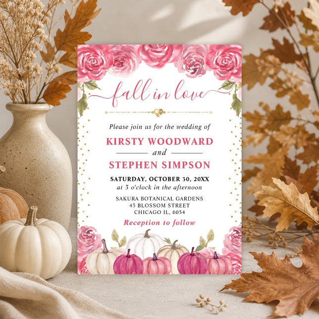 Pink and White Floral Pumpkins Fall Wedding Invitation (Creator Uploaded)