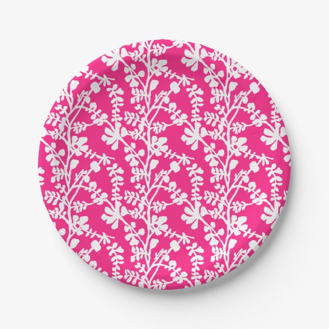 Pink And White Floral Repeating Pattern Paper Plate (Front)