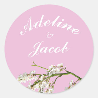Pink and white floral script wedding stickers