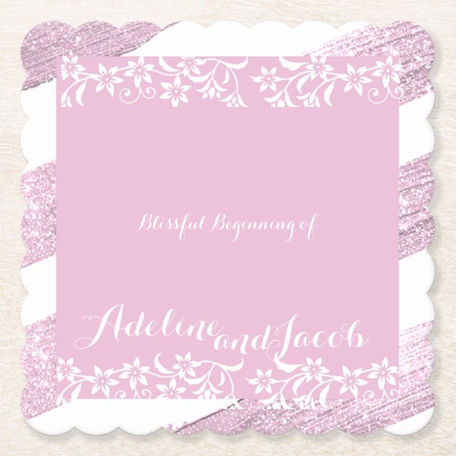 Pink and white floral wedding coaster (Front)