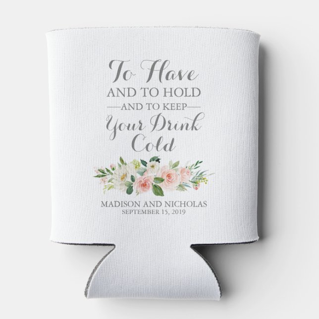 Pink and White Flower Wedding Can Coolers (Back)
