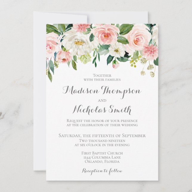 Pink and White Flower Wedding Invitation Card (Front)