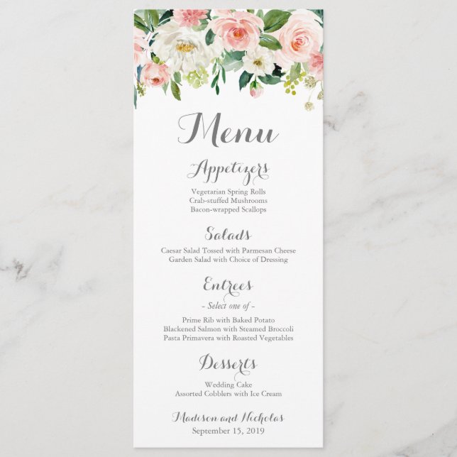 Pink and White Flower Wedding Menu Rack Cards (Front)