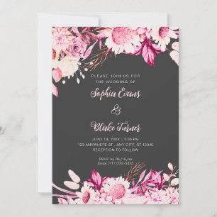 Pink and White Flowers Boho Grey Wedding Invitation