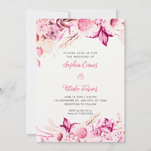 Pink and White Flowers Boho Off White Wedding Invitation (Front)