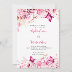 Pink and White Flowers Boho White Wedding Invitation