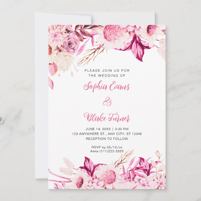 Pink and White Flowers Boho White Wedding Invitation (Front)