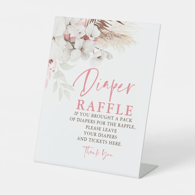 Pink and White Flowers Diaper Raffle Place Pedestal Sign (Front)