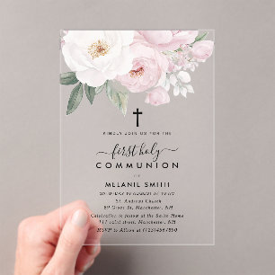 Pink and white flowers first holy communion acrylic invitations