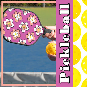 Pink and White Flowers on Vibrant Purple Pickleball Paddle