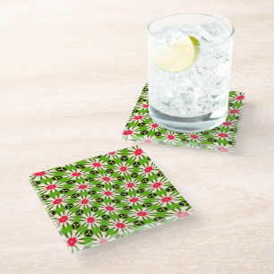 Pink and White Flowers Pattern Glass Coaster