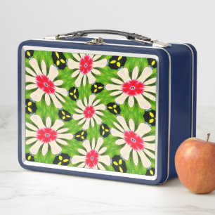 Pink and White Flowers Pattern Metal Lunch Box