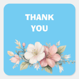 pink and white flowers thank you wedding square sticker