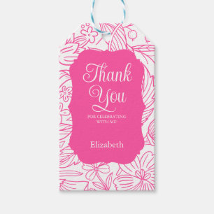 Pink And White Frame Floral Birthday Thank You Gift Tags