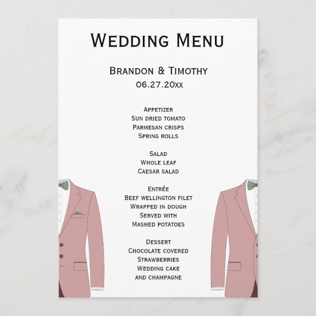 Pink And White Gay Wedding Menu Cards (Front)