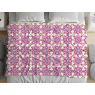 Pink and white geometric mandala patterned fleece blanket