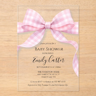 Pink and White Gingham Bow Baby Shower Invitation