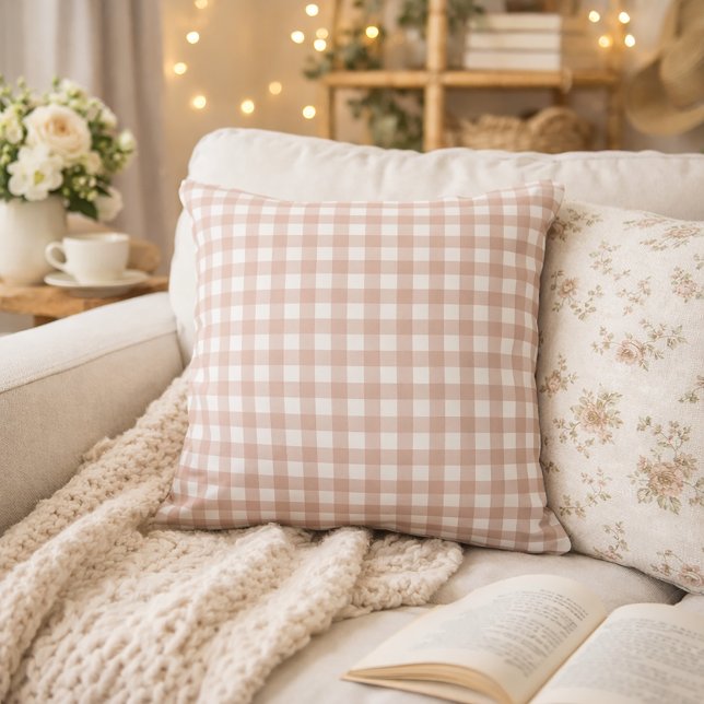 Pink and White Gingham Check Pattern Cushion (A throw pillow with a pink and white gingham pattern.)