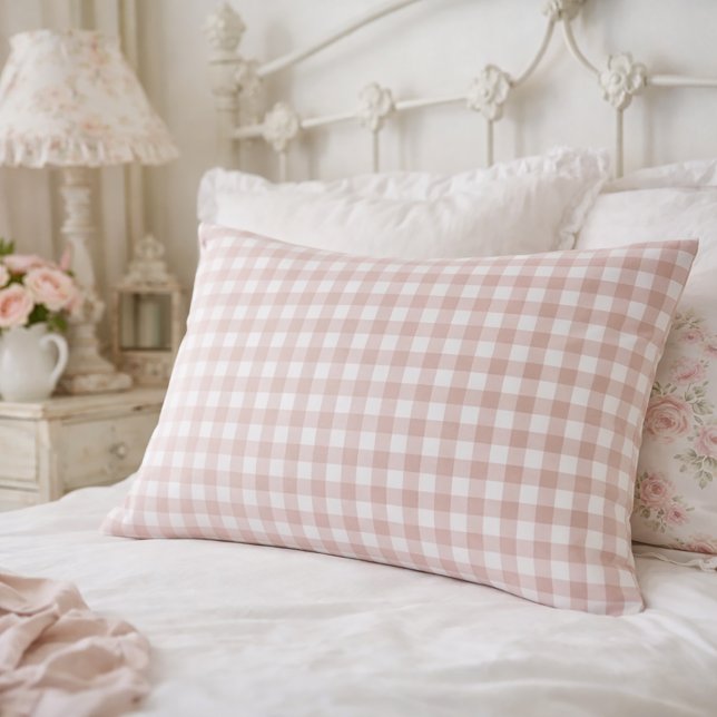 Pink and White Gingham Check Pattern Pillowcase (A pink and white gingham plaid pillow case.)