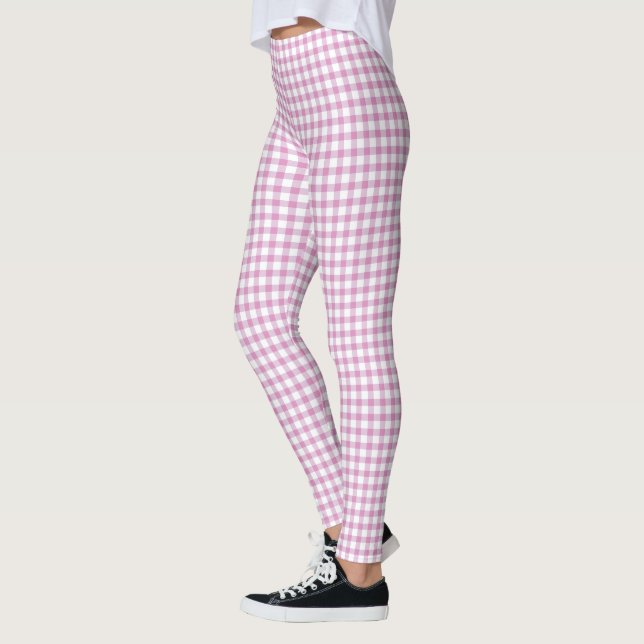 Pink and White Gingham Checks Pattern Leggings (Left)
