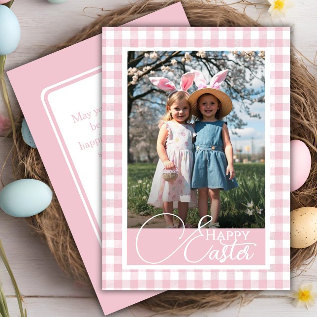 Pink And White Gingham Happy Easter Custom Photo Holiday Card (Pink And White Gingham Happy Easter Custom Photo Holiday Card)