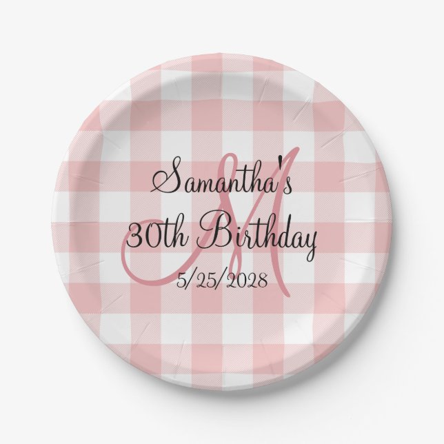 Pink and White Gingham Monogram Birthday Paper Plate (Front)