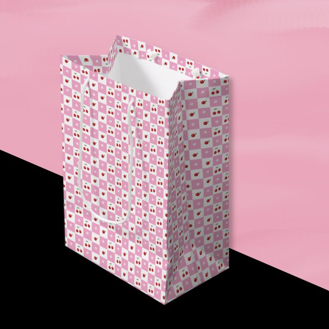 Pink and White Gingham Pattern Cherries Gift Bag (Cute pink and white cherry theme gift bag . )
