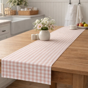 Pink and White Gingham Plaid Cottagecore Pattern Short Table Runner