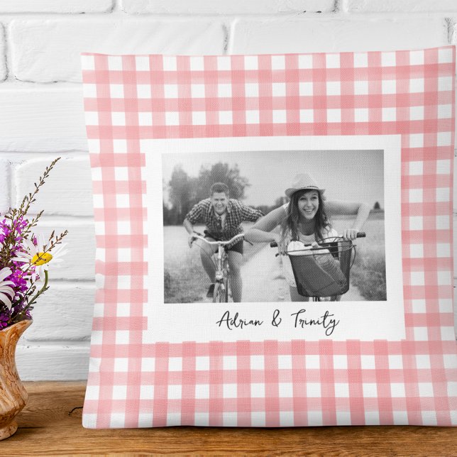 Pink and White Gingham Plaid Custom Photo Cushion (Creator Uploaded)