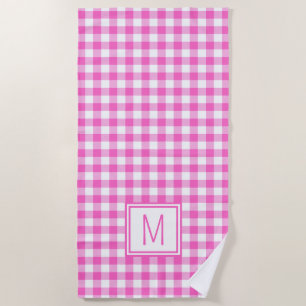 Pink and White Gingham Plaid Monogram Beach Towel