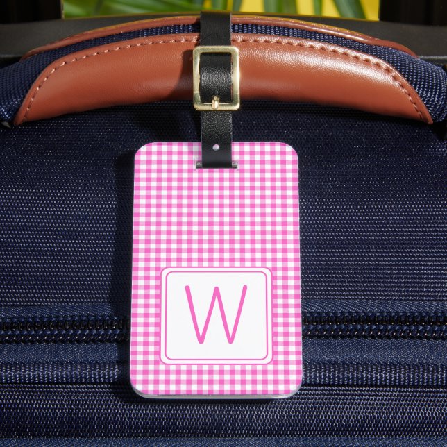 Pink and White Gingham Plaid Monogram Luggage Tag (Front Insitu 2)