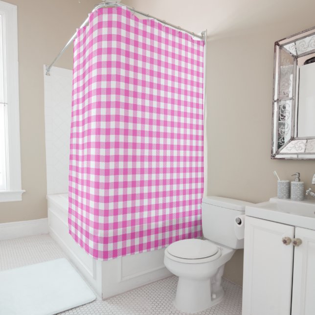 Pink and White Gingham Plaid Monogram Shower Curtain (In Situ)