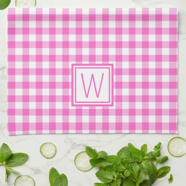 Pink and White Gingham Plaid Monogram Tea Towel (Folded)