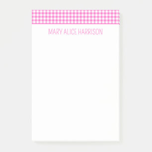 Pink and White Gingham Plaid Personalised Post-it Notes