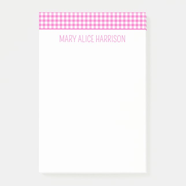 Pink and White Gingham Plaid Personalised Post-it Notes (Front)
