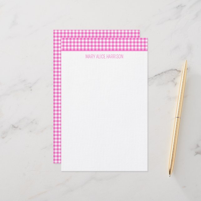 Pink and White Gingham Plaid Personalised Stationery (Front/Back In Situ)