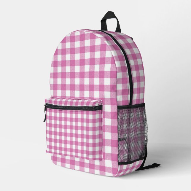 Pink and White Gingham Print Printed Backpack (Back Corner Right)