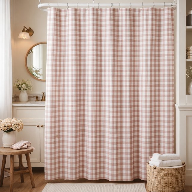 Pink and White Gingham  Shower Curtain (A shower curtain with a pink and white gingham pattern.)