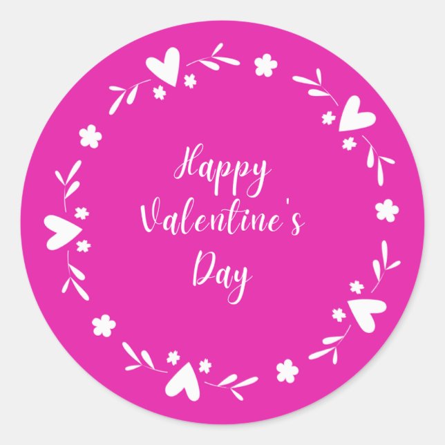 Pink and white Heart Border Happy Valentines Day Classic Round Sticker (Front)