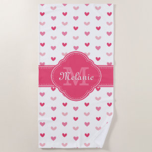 Pink and White Heart Pattern with Monogram Beach Towel