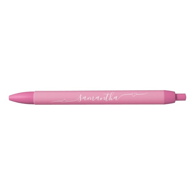 Pink and White Heart Swash Signature Name Black Ink Pen (Front)