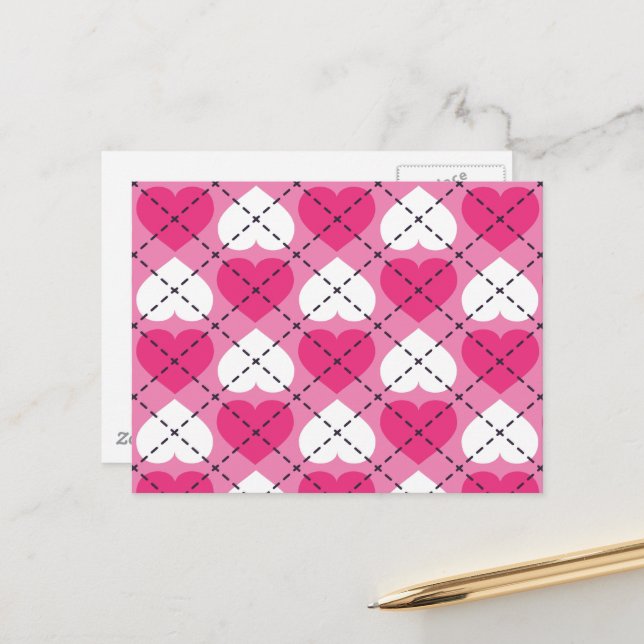 Pink and white hearts - argyle pattern postcard (Front/Back In Situ)