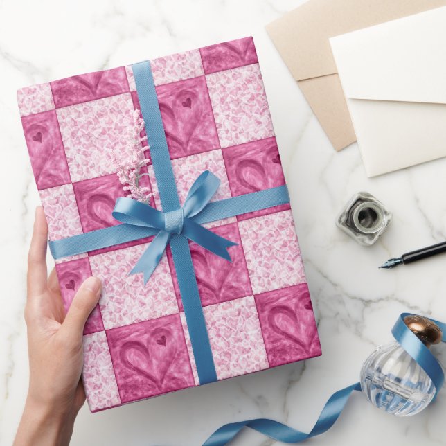 Pink and White Hearts Checked Wrapping Paper (Gifting)