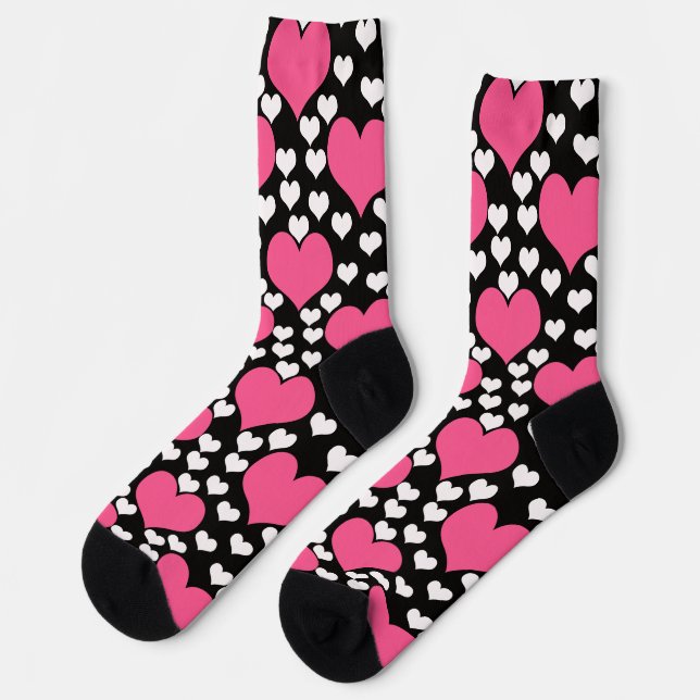 Pink And White Hearts On Black Background Design Socks (Left)